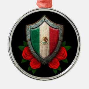 Ornement Rond Argenté Bouclier usé de drapeau mexicain avec les roses
