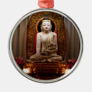 Ornement Rond Argenté Bouddha Statue Lotus position Tibétain