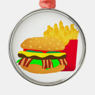 Ornement Rond Argenté Burger et frites