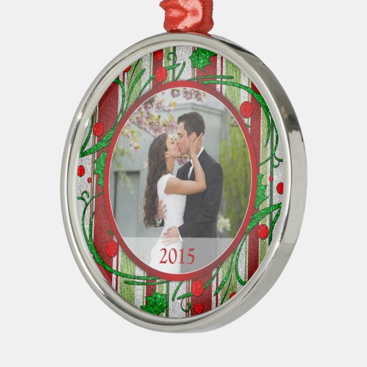 Ornement Rond Argenté Candy Stripes First Christmas Together Photo (Gauche)