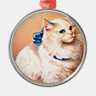 Ornement Rond Argenté Chat vintage avec Bleu Bow