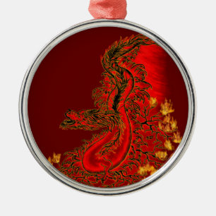 Ornement Rond Argenté Chine Dragon rouge et or design