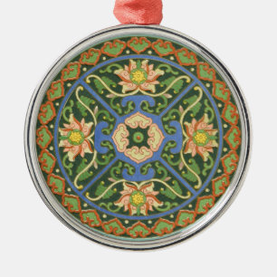 Ornement Rond Argenté Cloisonne Chine Motif Asiatique Oriental