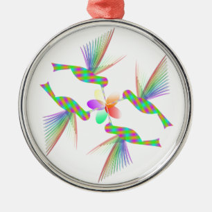 Ornement Rond Argenté Colibris Arc-En-Ciel Embrasser Une Fleur