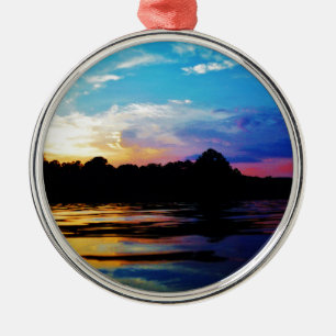Ornement Rond Argenté Coucher de soleil arc-en-ciel sur le lac de montag