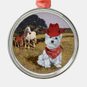 Ornement Rond Argenté Cowboy Westie avec Chevaux