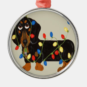 Ornement Rond Argenté Dachshund emmêlé dans les lumières de Noël Noir/Ta