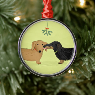Ornement Rond Argenté Dachshund Mistletoe Kiss - Wiener Chien Noël
