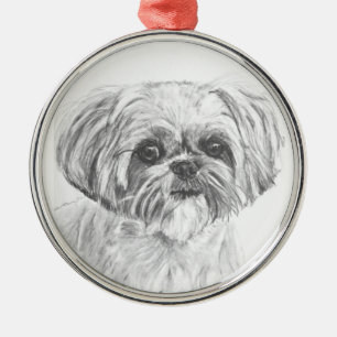 Ornement Rond Argenté Dessin de Shih Tzu