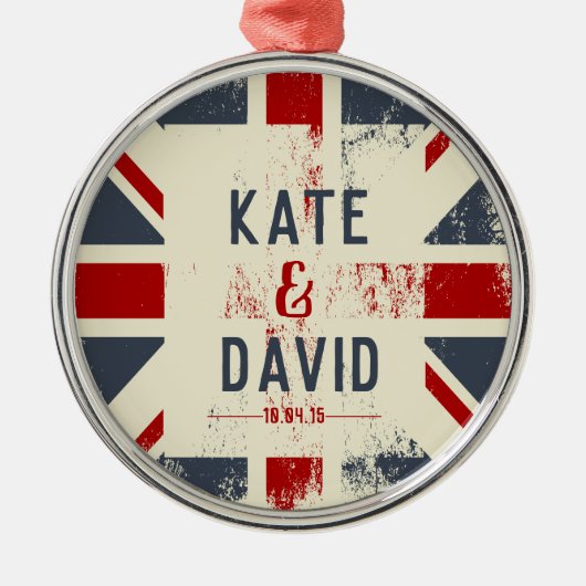 Ornement Rond Argenté Distressed Union Jack Couple's Names Mariage Cadea (Devant)