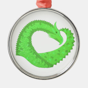 Ornement Rond Argenté Dragon de coeur vert citron blanc