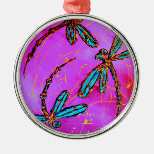 Ornement Rond Argenté Dragonfly Flit Electrique rose