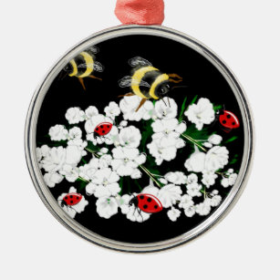 Ornement Rond Argenté Dramatic Bees ladybugs and white flowers on black