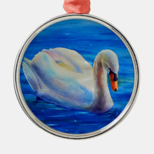Ornement Rond Argenté Elégante peinture d'aquarelle de cygne blanc