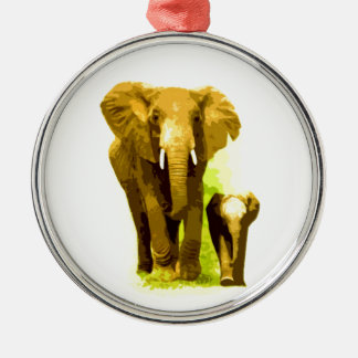 Ornement Rond Argenté Eléphant et bébé Eléphant