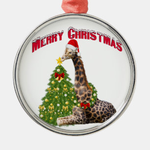Ornement Rond Argenté Giraffe de Noël