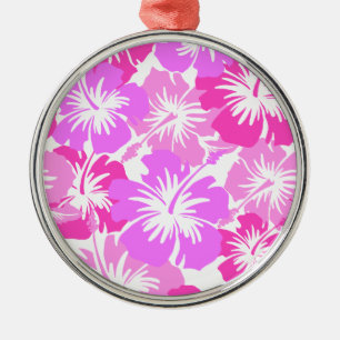 Ornement Rond Argenté Hibiscus Hawaiian Floral Aloha Chemise Imprimer