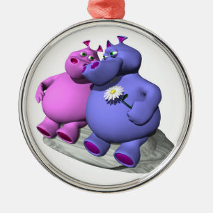 Ornement Rond Argenté hippopotames amoureux
