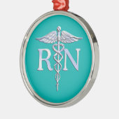 Ornement Rond Argenté Infirmière inscrite RN Stylish Caduceus sur Turquo (Gauche)