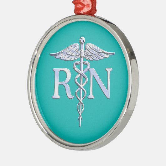 Ornement Rond Argenté Infirmière inscrite RN Stylish Caduceus sur Turquo (Gauche)