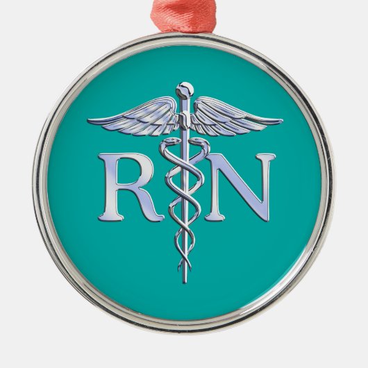 Ornement Rond Argenté Infirmière inscrite RN Stylish Caduceus sur Turquo (Devant)