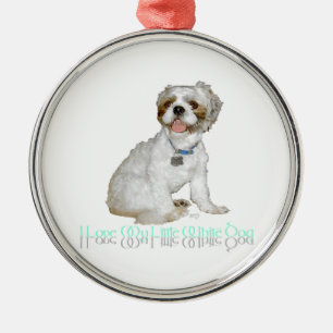 Ornement Rond Argenté J'adore mon petit chien blanc - Shih Tzu