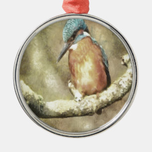 Ornement Rond Argenté Kingfisher Étonnant En Aquarelle
