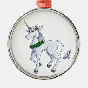Ornement Rond Argenté Licorne de Noël