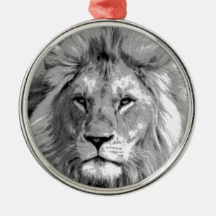 Ornement Rond Argenté Lion noir blanc