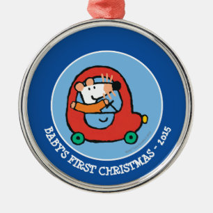 Ornement Rond Argenté Maisy Drives a Cute Red Car