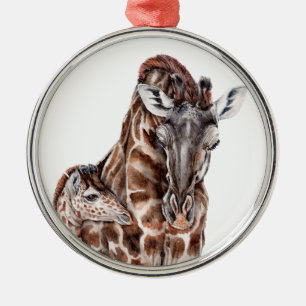 Ornement Rond Argenté Mère Giraffe avec Bébé Giraffe