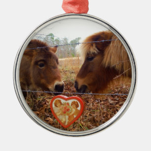 Ornement Rond Argenté Miniature Donkey & Horse Valentine Heart