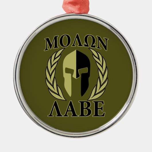 Ornement Rond Argenté Molon Labe Laurels en Masque Spartiate Vert olive (Devant)