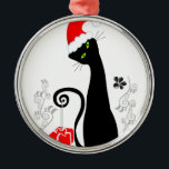 Ornement Rond Argenté Noël moderne Kitty<br><div class="desc">Kitty de Noël moderne portant le chapeau de Noël</div>