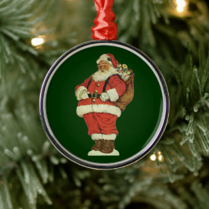 Ornement Rond Argenté Noël vintage, Père Noël victorien avec jouets