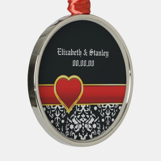 Ornement Rond Argenté Noir blanc damassé rouge coeur mariage Enregistrer (Droite)