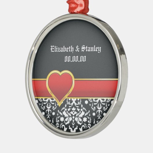 Ornement Rond Argenté Noir blanc damassé rouge coeur mariage Enregistrer (Gauche)