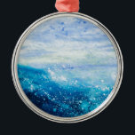 Ornement Rond Argenté Ocean wave painting, sea foam<br><div class="desc">Scène de l'eau abstraite</div>