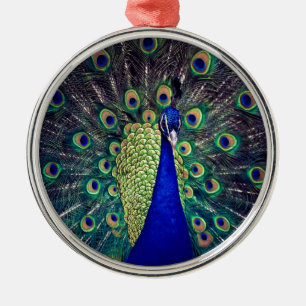 Ornement Rond Argenté Paon bleu cobalt