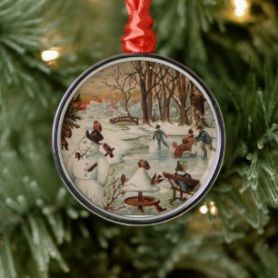 Ornement Rond Argenté Patinage de glace vintage de scène de Noël