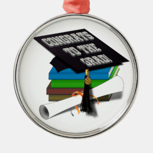 Ornement Rond Argenté Pile de livres "FÉLICITATIONS POUR LE GRAD" Dipl