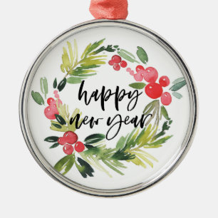 Ornement Rond Argenté Pin d'aquarelle et Wreath Holly Bonne année