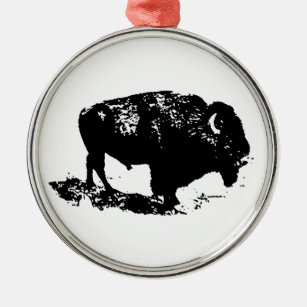 Ornement Rond Argenté Pop Art Black White Buffalo Bison Silhouette