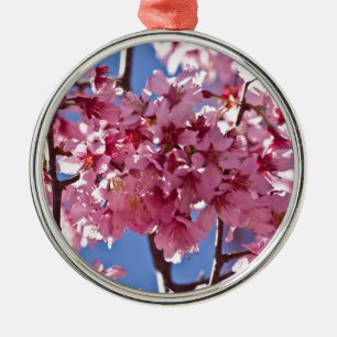 Ornement Rond Argenté Sakura Cherry Blossoms Red Stars