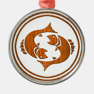 Ornement Rond Argenté Signe en bois d'astrologie de poissons de zodiaque