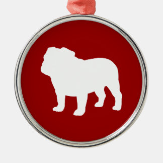 Ornement Rond Argenté Silhouette de Bulldog blanc pour Noël rouge