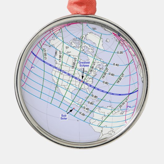 Ornement Rond Argenté Total Solaire Eclipse 2017 Global Path (Devant)