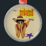 Ornement Rond Argenté Vintage Miami Beach<br><div class="desc">Annonce touristique vintage Miami - Avion,  Femme sur la plage,  Soleil et Sable</div>