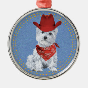 Ornement Rond Argenté Westie Cowboy sur Denim