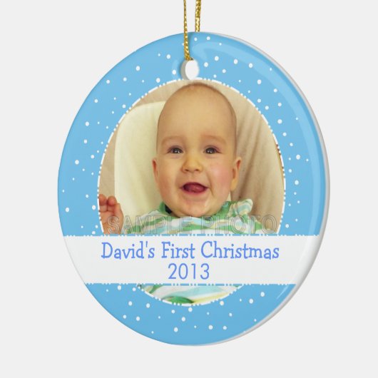 Ornement rond bleu de photo de ęr Noël de bébé (Gauche)